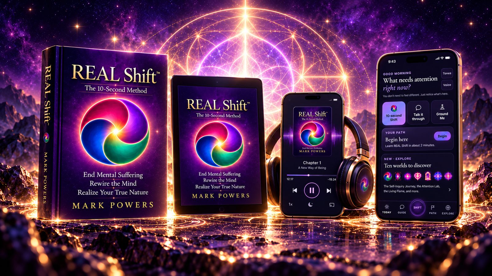 The REAL Shift book, an ebook on a tablet, an audiobook on a phone, and the REAL Shift app
