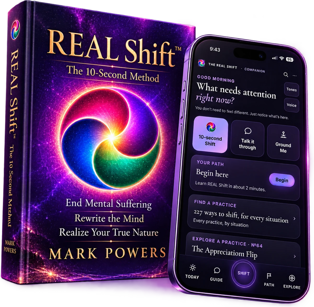 The REAL Shift book beside an iPhone showing the REAL Shift app